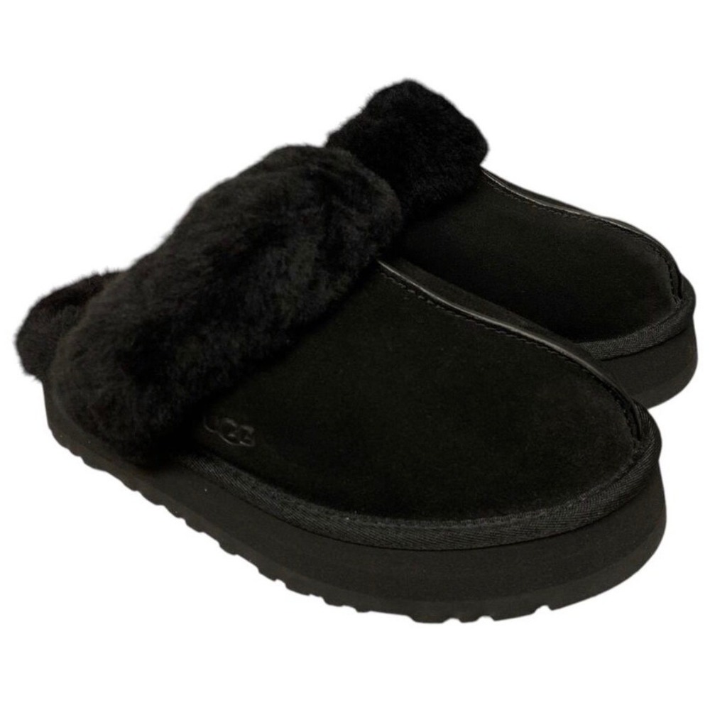UGG Disquette Black Suede‎ Platform Sheepskin Slippers Womens 9